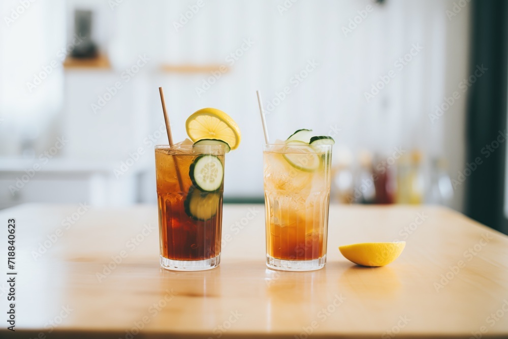 iced tea duo, one with lemon, one with lime wedge iced tea duo, one with lemon, one with lime wedge