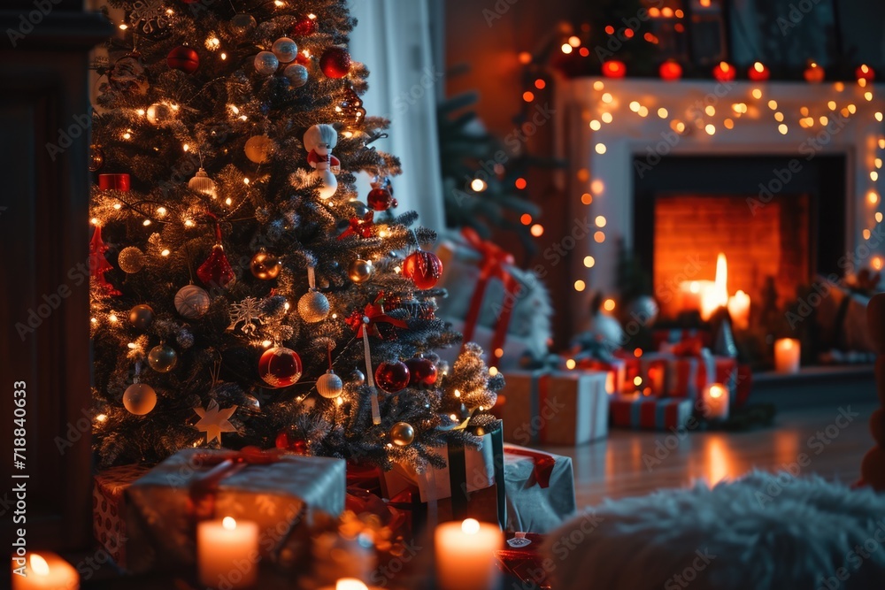 Festive Magic: Christmas Tree and Gifts Illuminating the Living Room