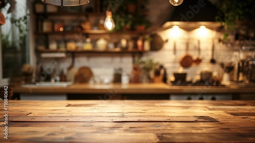 Rustic Kitchen Product Display Background with Wooden Table and Blur Counter photo