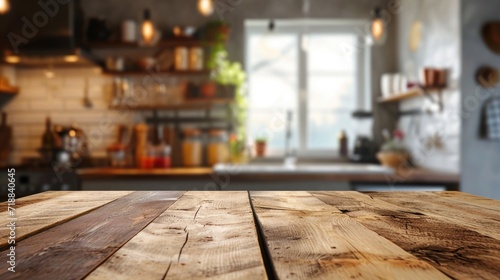 Rustic Kitchen Countertop Display: Blurred Wooden Table Background for Product Montage
