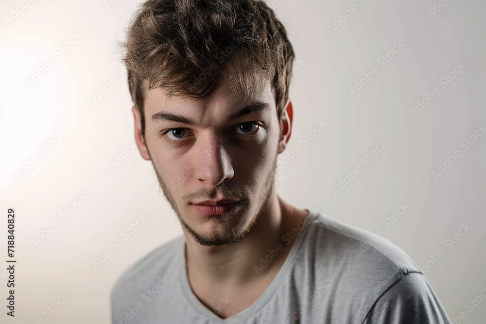 closeup of serious boy on white isolated background closeup of serious boy on white isolated background