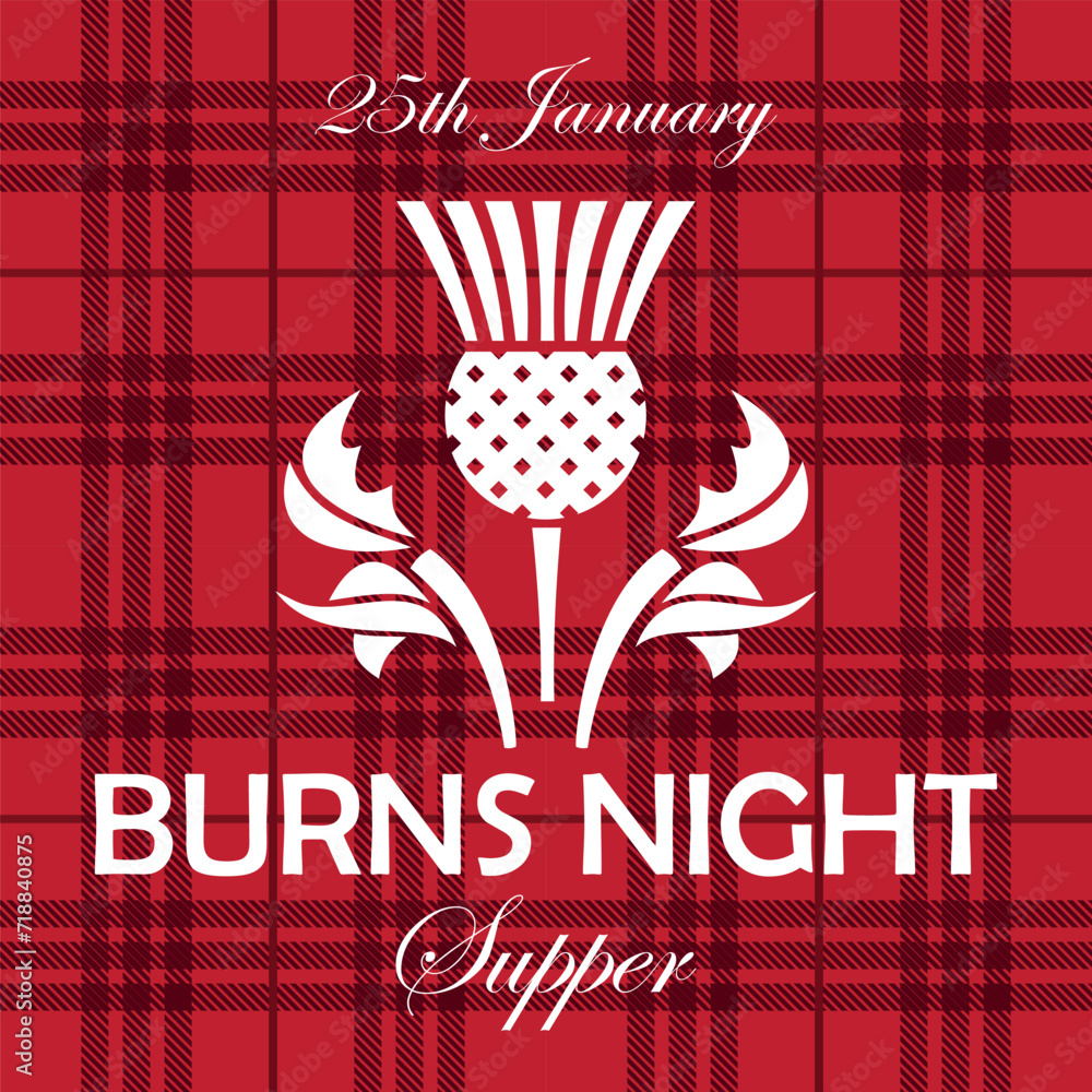 Burns night supper card with thistle on tartan background.Menu with lettering for restaurant, party... - obrazy, fototapety, plakaty 
