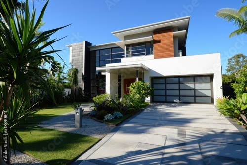 Modern Australian Suburban Home with Sunlit Front Garden and Driveway in Gold Coast, Queensland © AIGen