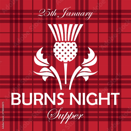 Burns night supper card with thistle on tartan background.Menu with lettering for restaurant, party...