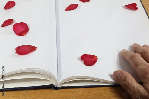 Petali di rosa invernali appoggiati sulla pagina bianca vuota del diario con la mano sulla pagina. photo