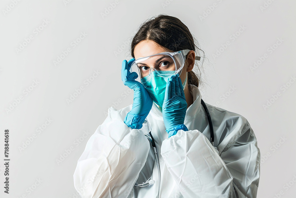portrait of happy young female doctor with lab coat and stethoscope on white isolated background