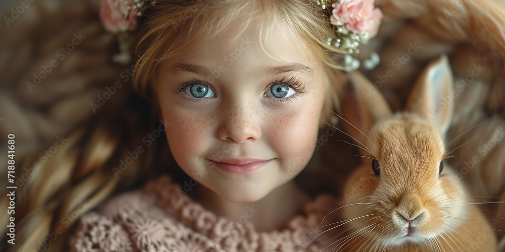 Lovely girl with companion animal, bunny rabbit, cat, dog. Generative AI. Lovely girl with companion animal, bunny rabbit, cat, dog. Generative AI.