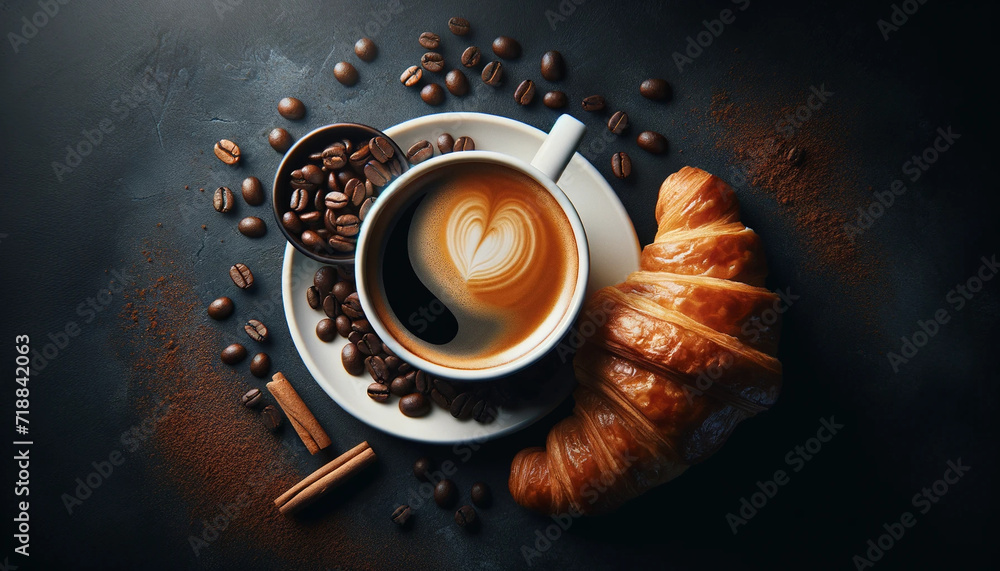 cup of coffee with beans and a croissant, generative