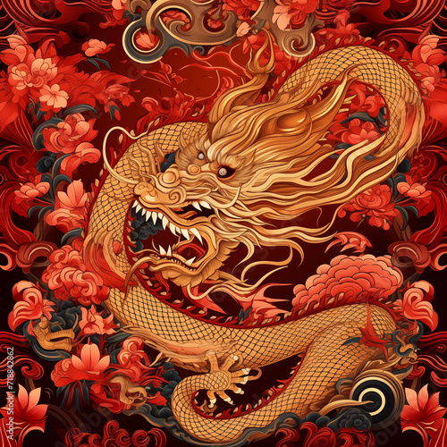 China gold dragon on red background © Kokhanchikov