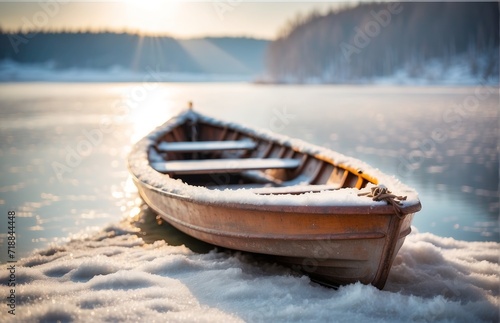 Frozen Boat in the Lake coated with Frost and Snow