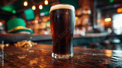 Pint of dark Irish stout beer with frothy foam head. Irish pub with St. Patrick's Day decor, green top hat, gold coins. Wide format horizontal wallpaper. AI Generated