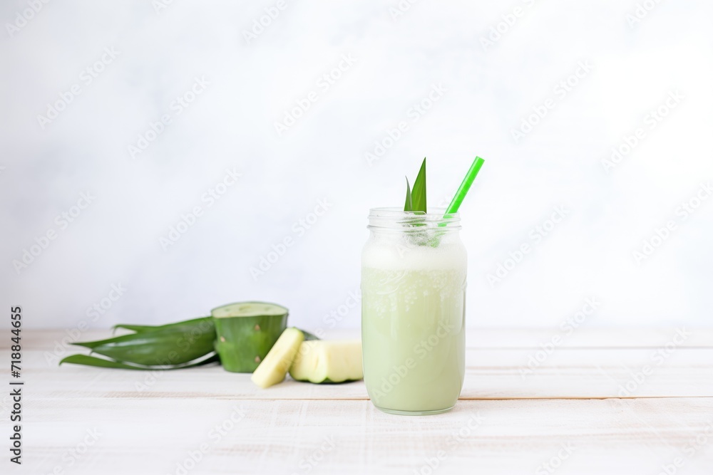 aloe vera beverage in a clear bottle with aloe leaves aloe vera beverage in a clear bottle with aloe leaves