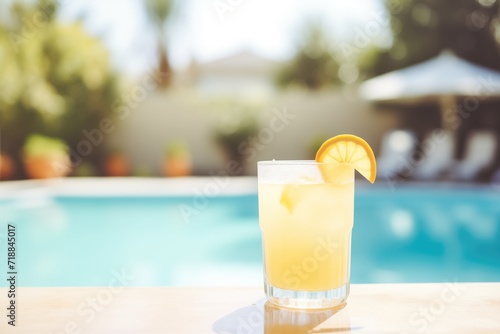 frosty glass of lemonade by a poolside on a sunny day