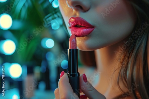 Woman hold lipstick and paint lips photo