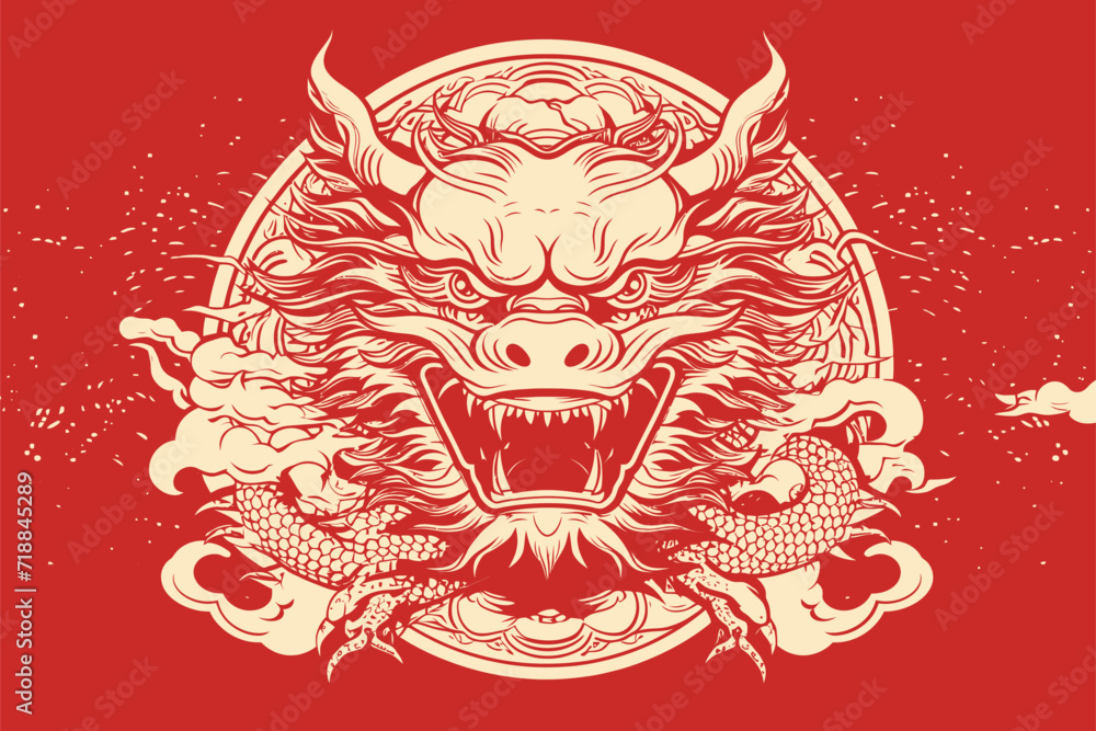 Fototapeta premium Chinese dragon symbol red background 