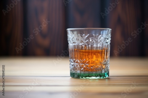 crystal glass, richly colored old fashioned, dark wood