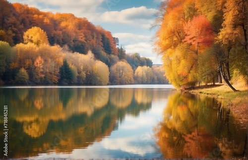 Autumn landscape on lake and tree