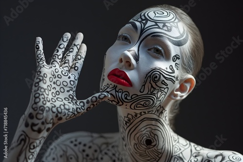 woman covered in monochromatic body paint artwork