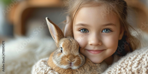 Lovely girl with companion animal, bunny rabbit, cat, dog. Generative AI. © unikyluckk