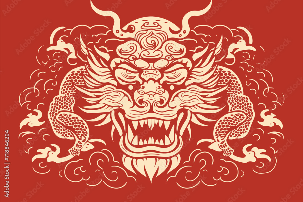 Fototapeta premium Chinese dragon symbol red background 