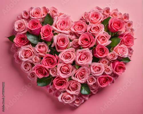 top view of rose flower arrangement with heart shape isolated on pink background