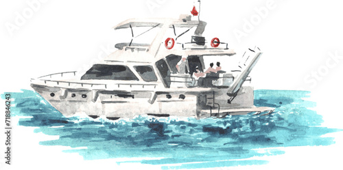 Sea boat, yacht and seagulls set. Hand drawn watercolor illustration  isolated on white background