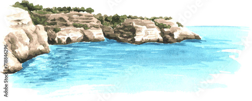 Sea cliff, Coastal rocks, tropical beach. Hand drawn watercolor illustration and background