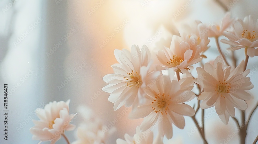 Soft white blossoms against a warm, glowing background, portraying delicate beauty and a serene, ethereal atmosphere.