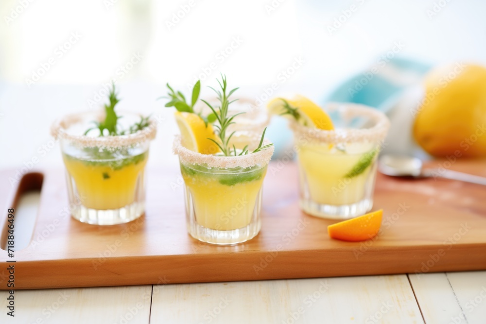 Fototapeta premium trio of mini margaritas in shot glasses with citrus garnishes