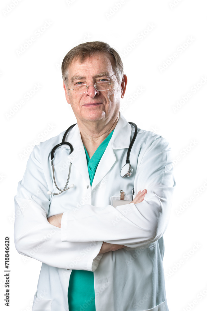 Portrait of a mature male Caucasian doctor. He is wearing a green Scrubs and a white lab coat with a stethoscope around his neck. He is isolated on a white background. Portrait of a mature male Caucasian doctor. He is wearing a green Scrubs and a white lab coat with a stethoscope around his neck. He is isolated on a white background.