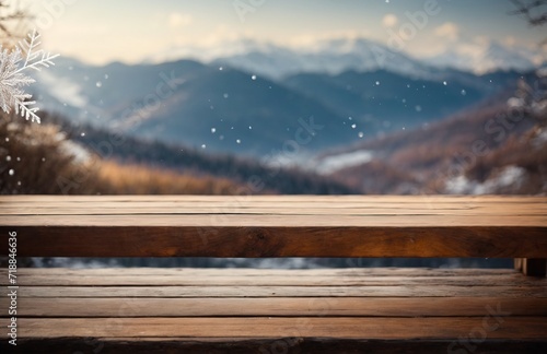 Emmpty wooden table background at top cliff and rock with snowflake