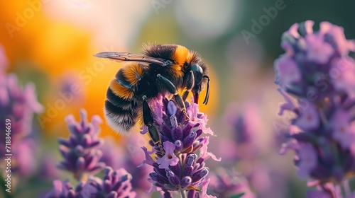 A bumblebee meticulously collects nectar from lavender flowers, showcasing pollination in a vibrant ecosystem. © logonv