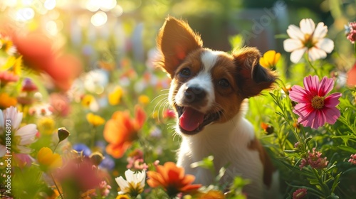A happy puppy frolicking in a sunny garden, surrounded by colorful flowers. Energetic and playful, capturing the joy of a young dog