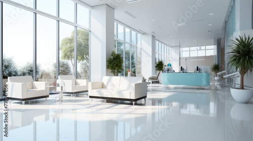 Contemporary dental modern clinic lobby with big glass and white wall, Generative AI