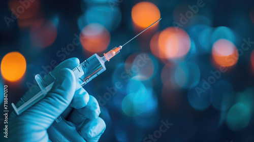 a hand wearing a light blue glove, holding a syringe with an extended needle, generative ai photo