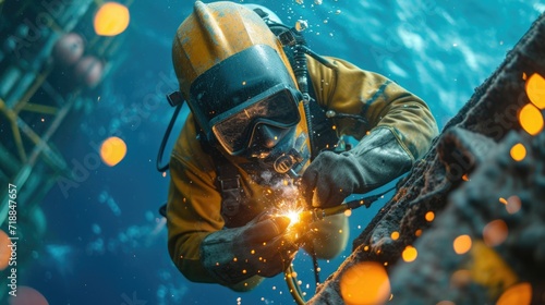 underwater welder repairs the bottom of a ship or an underwater oil platform, close up