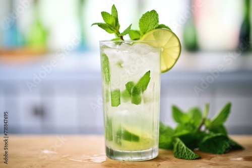 closeup of a mojito with fresh mint leaves and lime wedge