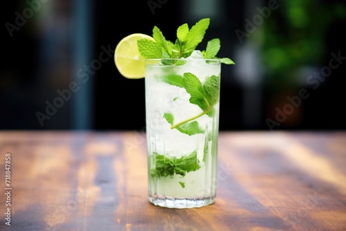 closeup of a mojito with fresh mint leaves and lime wedge