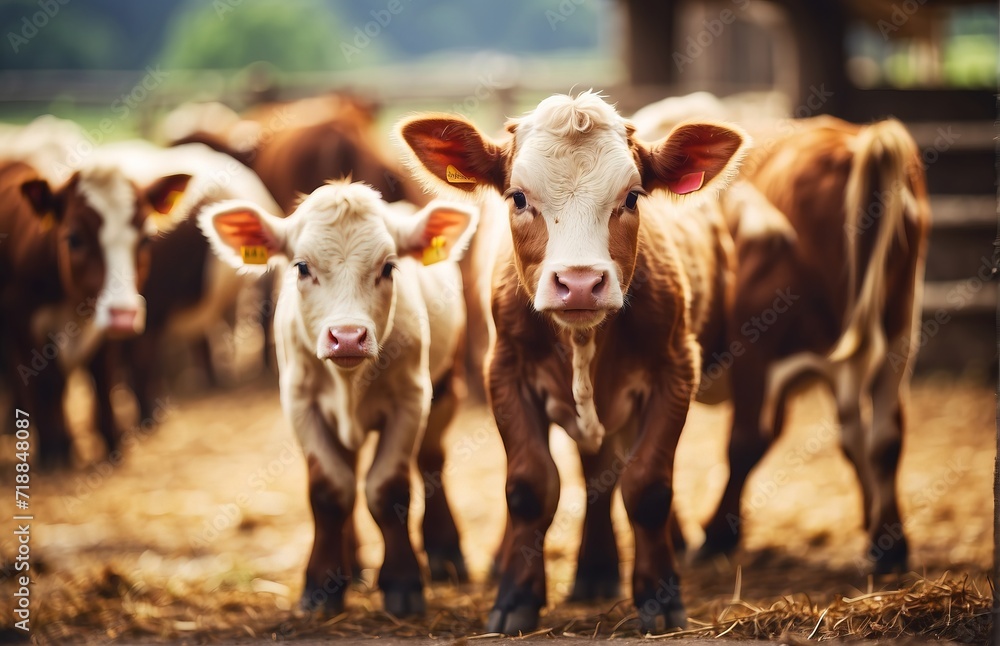 Calves on an animal farm eating food