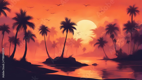 Tropical sunset with palm trees in the background. 