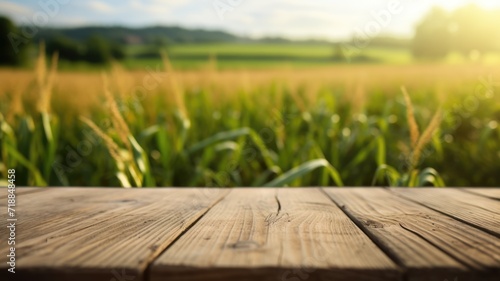 The empty wooden brown table top with blur background of corn field. Exuberant image. generative AI