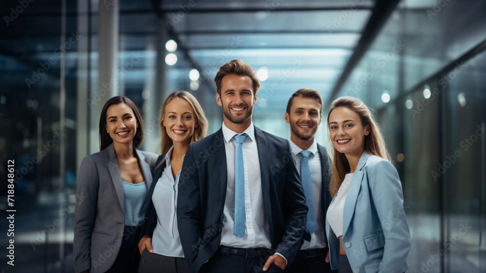 The office comes alive with positivity as a group of businesspeople and their team showcase uplifting body language for a group photo. Generative AI.