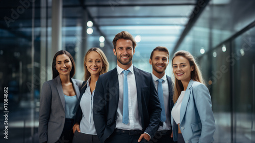 The office comes alive with positivity as a group of businesspeople and their team showcase uplifting body language for a group photo. Generative AI.