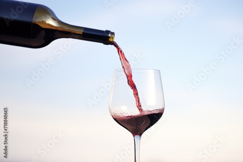 red wine being poured into decanter, clear sky backdrop