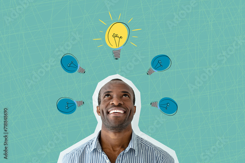 Happy young businessman with an idea looking up, drawn light bulb. New idea. Strategy, business concept. Art collage