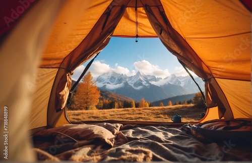 Camping tent scenic view of the mountains in the autumn