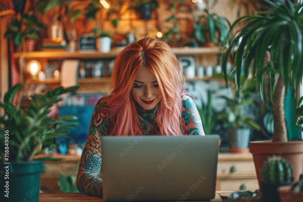 Young woman working on laptop in home office Young woman working on laptop in home office