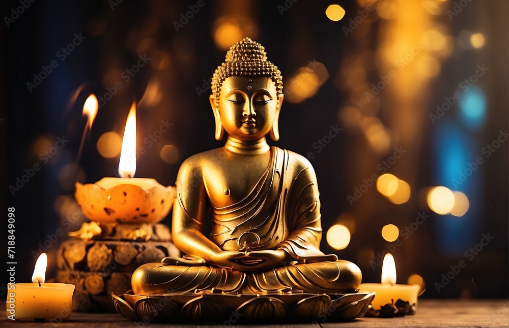 Fototapeta premium buddha statue and candles, bamboo at night atmosphere