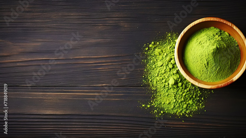 Matcha tea powder in a wooden plate on dark background with whisk, top view, copy space. Generative AI