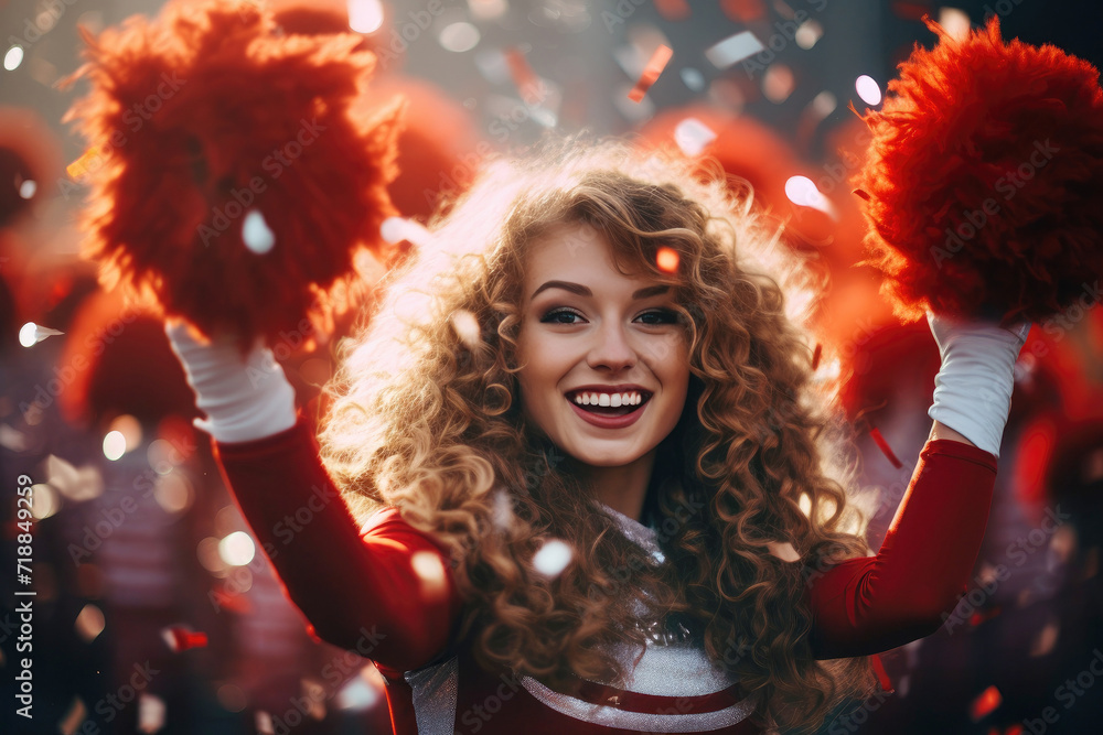 Cheerful young woman cheerleader with pompoms - obrazy, fototapety, plakaty 